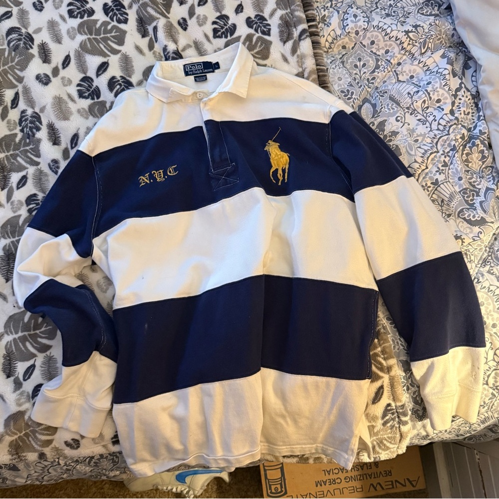 Vtg Polo Ralph Lauren Mens L QuarterZip Big Pony Old English NYC Crest Rugby